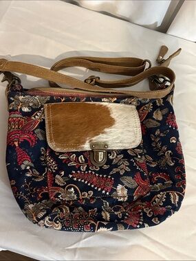 Myra Bag Navy Floral Crossbody with Brown and White Haircalf Flap